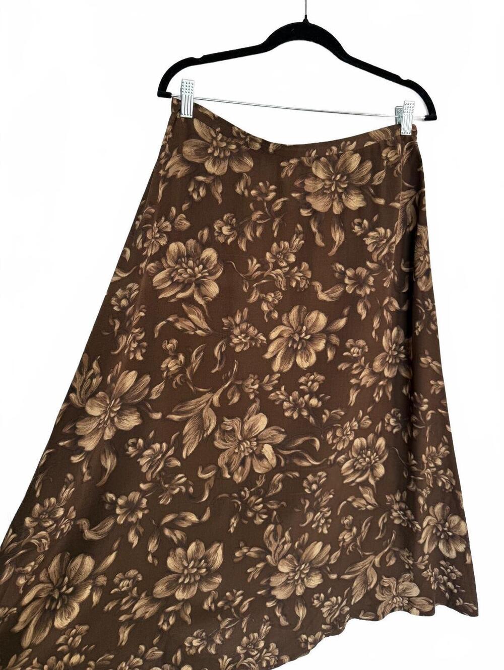 Vintage 90s Brown Silk Floral Print Midi Skirt
